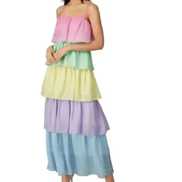 OLIVIA RUBIN Cici Tiered Silk Maxi Dress In Rainbow Neapolitan Colorblock - Size - Picture 1 of 12